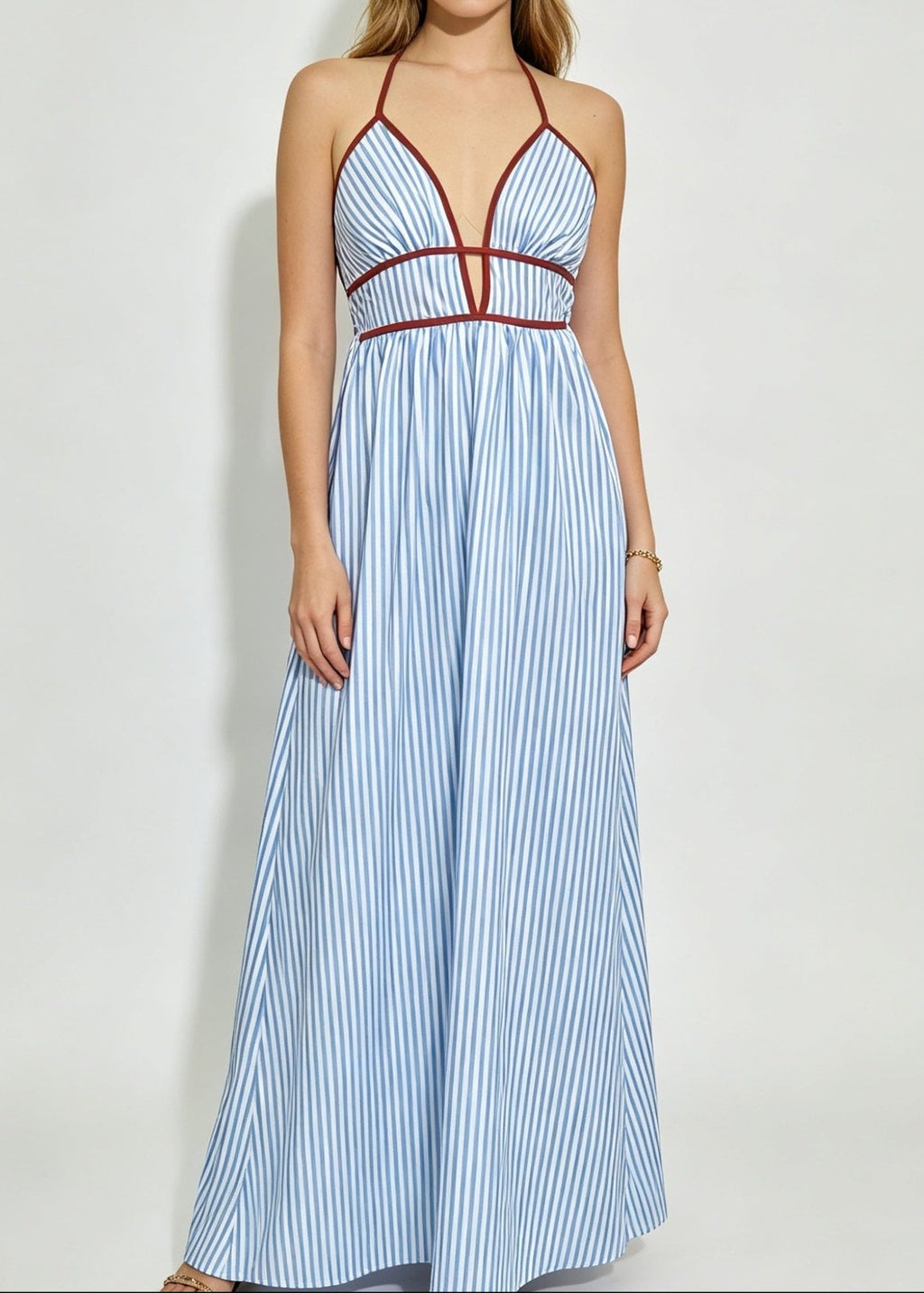 Slim Striped Halter Backless Beach Cami Maxi Dress