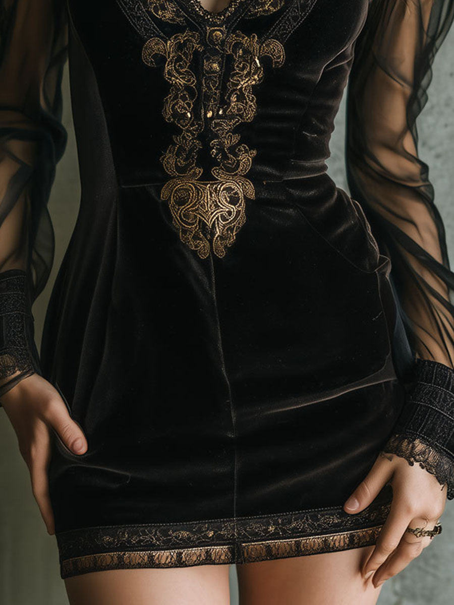Vintage Black Velvet And Sheer Sleeve Embroidery Mini Dress