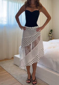 Polka Dot Lace Panel Asymmetric Midi Skirt