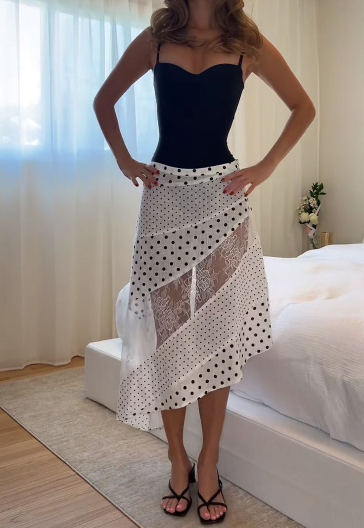 Polka Dot Lace Panel Asymmetric Midi Skirt