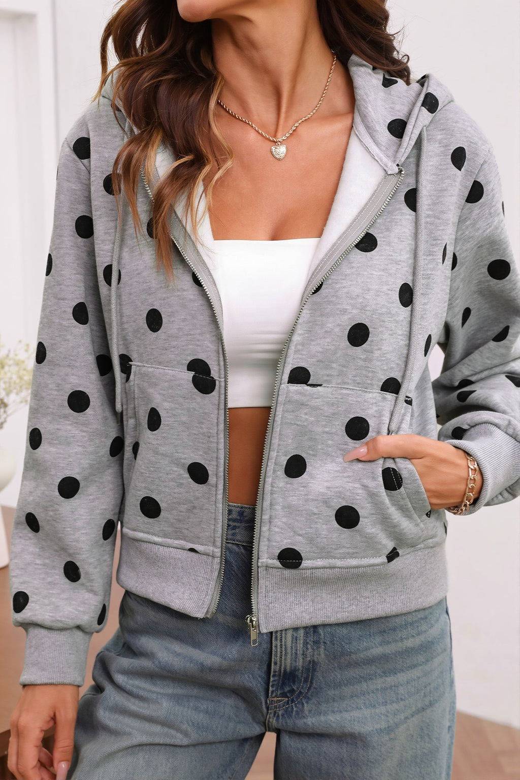 Polka Dot Cropped Zip Hoodie