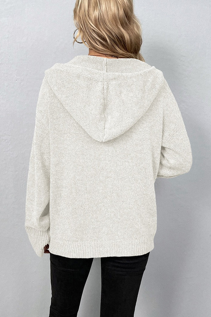 Hooded Drawstring Button Front Knit Cardigan