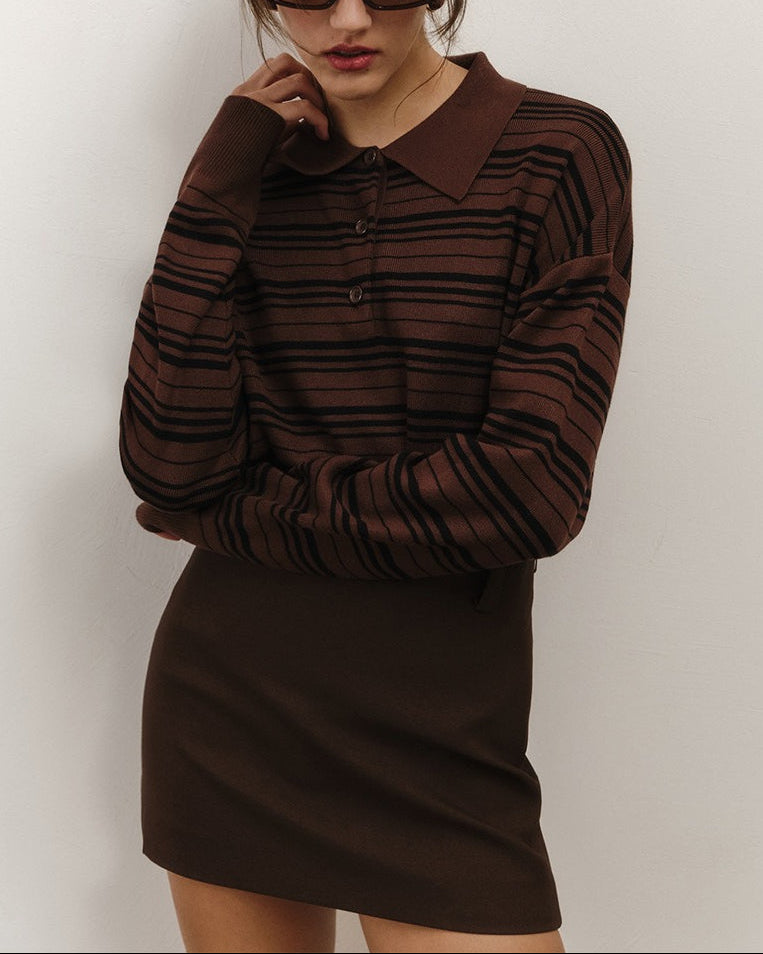 Color-block Stripe Fitted Polo Knit Blouse