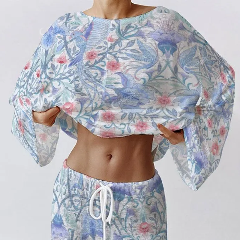 Colordate Women's Blue Flower And Bird Print Long Sleeve Cotton Homewear Set