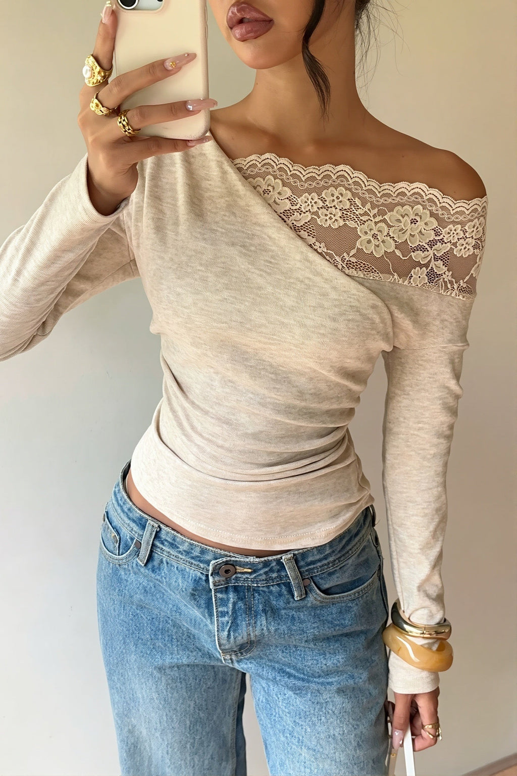 Lace Panel Asymmetric Off Shoulder Blouse