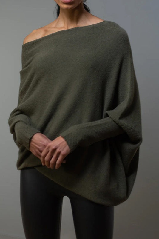Draped Off Shoulder Long Sleeve Knit Sweater