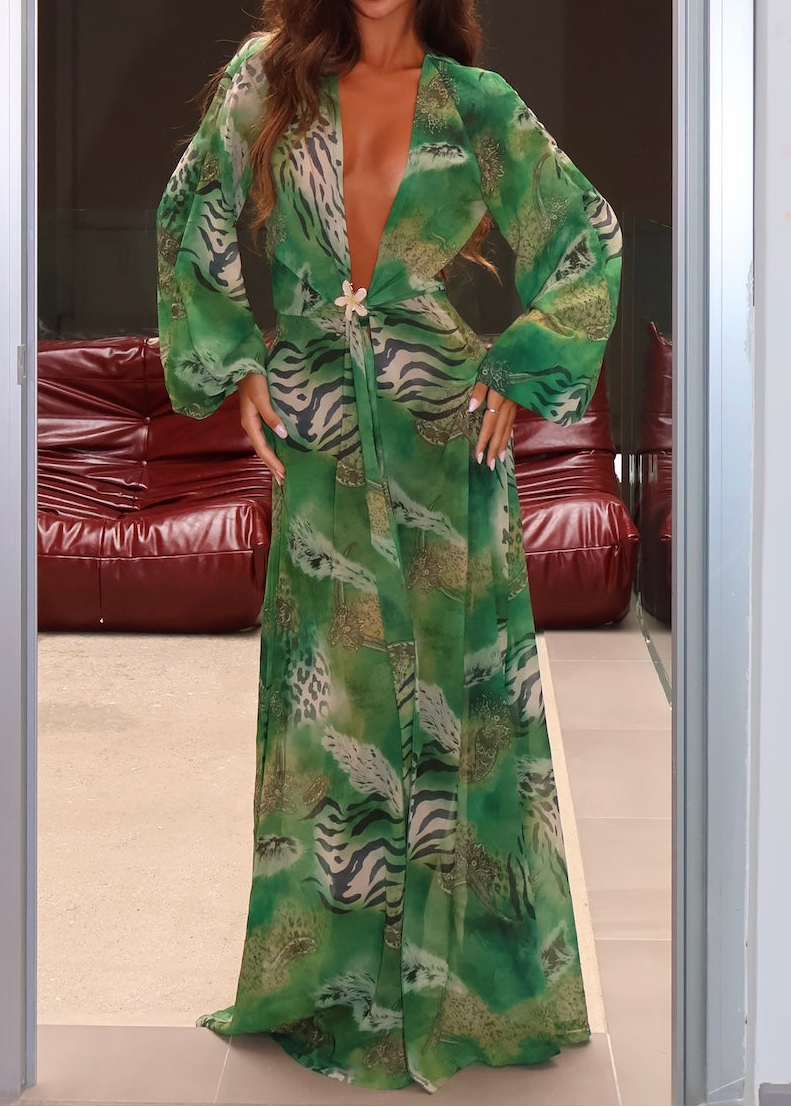 Tiger Print Tie-Waist Long Sleeve Kaftan Dress