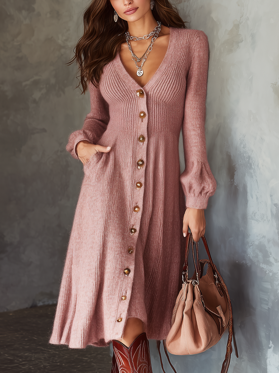 Retro V-neck Button Pockets Mohair Knitted Midi Dress