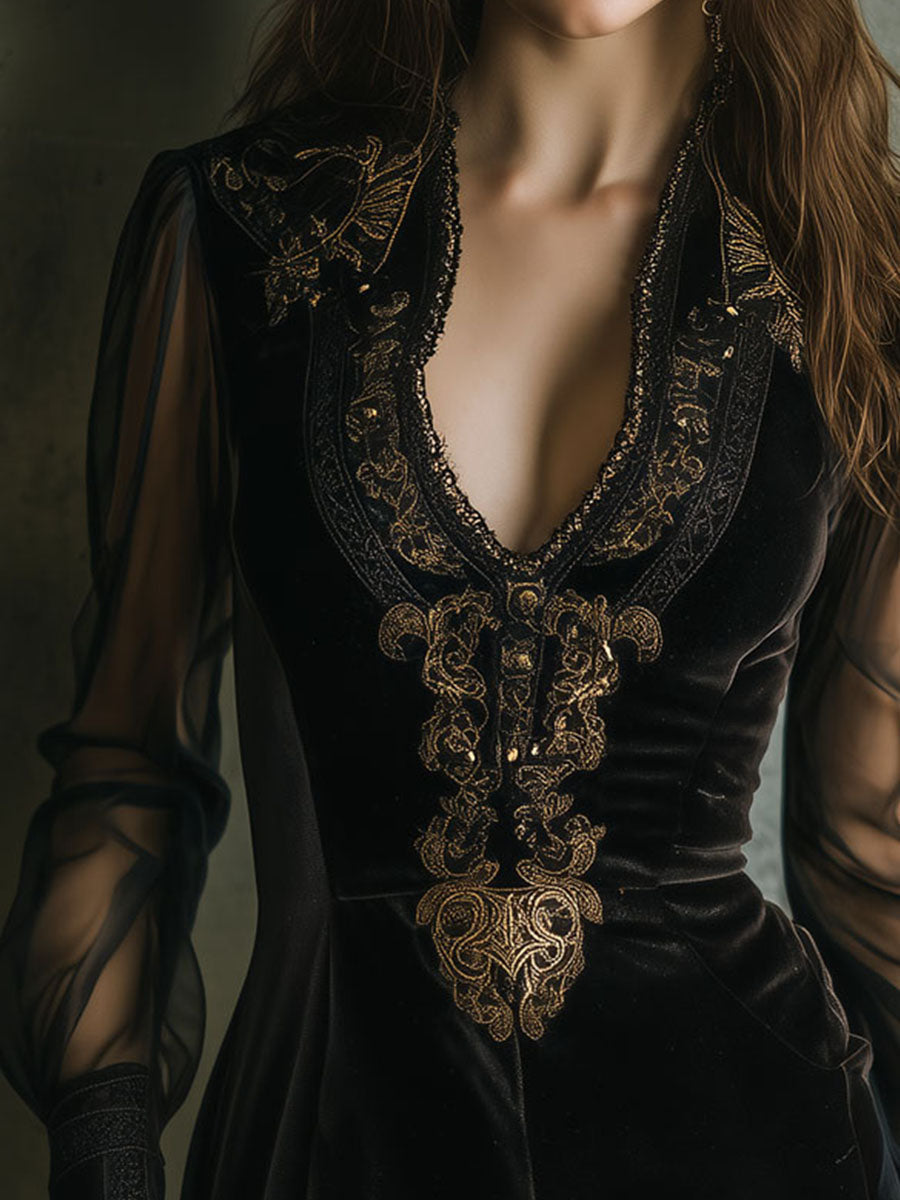 Vintage Black Velvet And Sheer Sleeve Embroidery Mini Dress