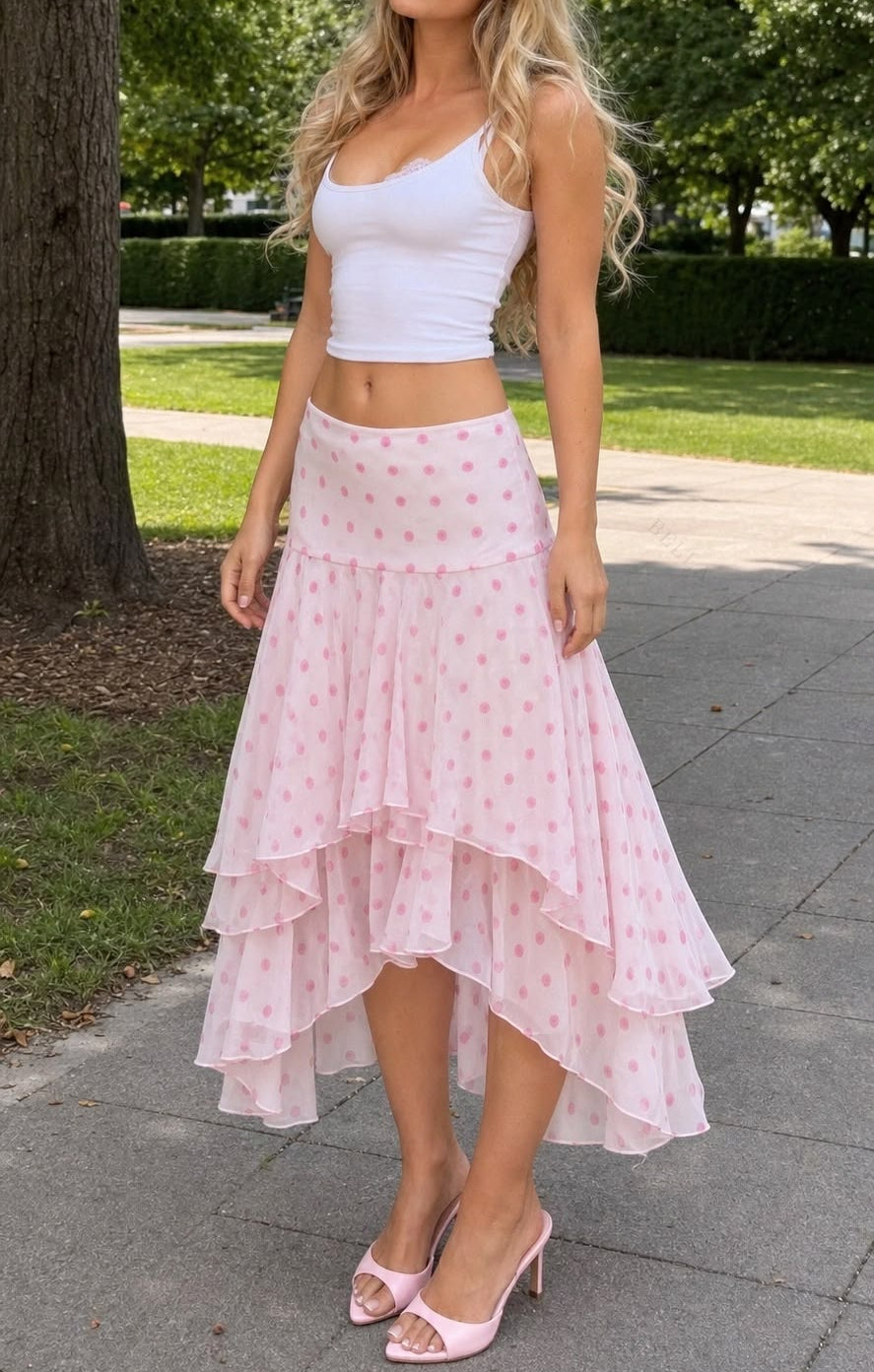 Polka Dot Ruffle Asymmetric Midi Skirt