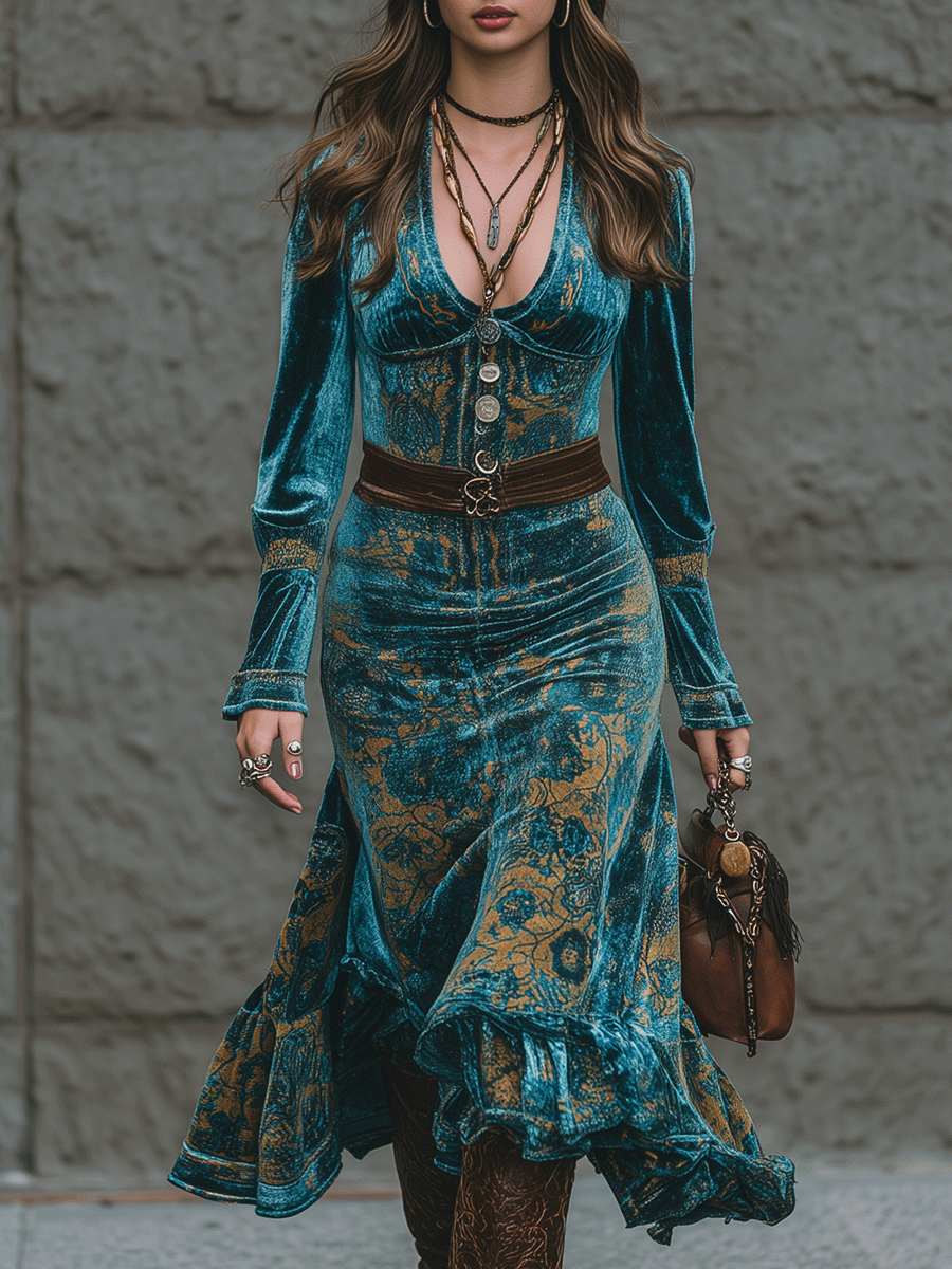 Retro-Chic Luxury Blue-Green Velvet Ruffled Hem Midi Dress