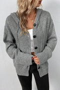 Hooded Drawstring Button Front Knit Cardigan