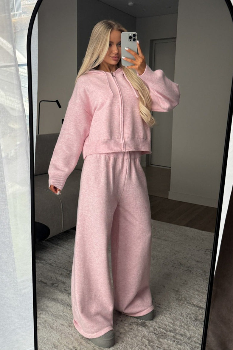 Hooded Zip Knit Top Wide Leg Pants Set