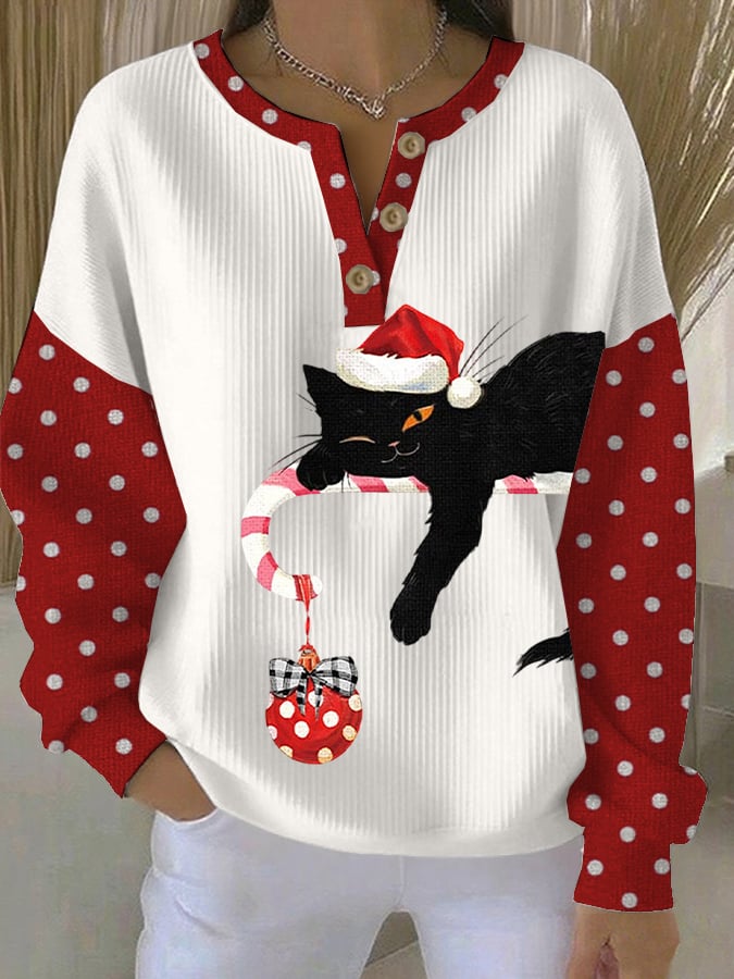 Women's Christmas Cat Print Casual Sweatshirt