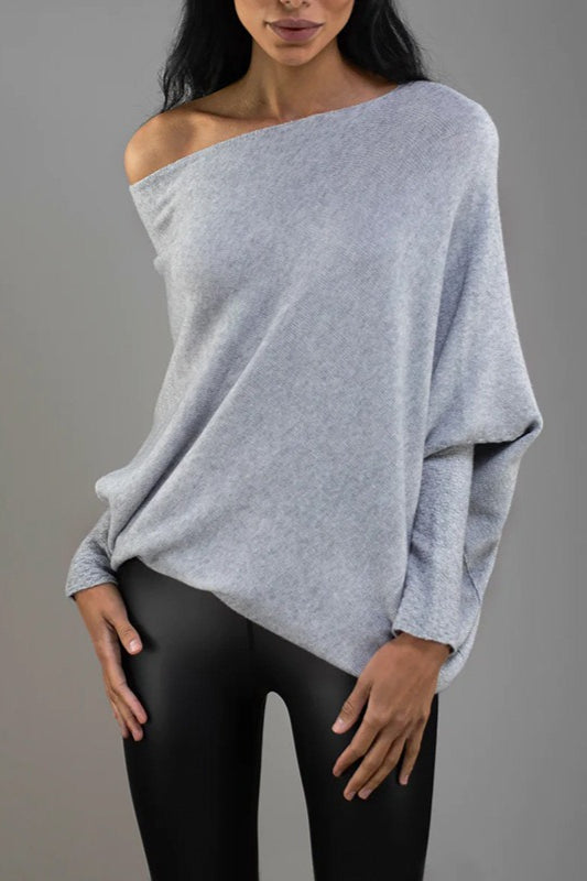 Draped Off Shoulder Long Sleeve Knit Sweater
