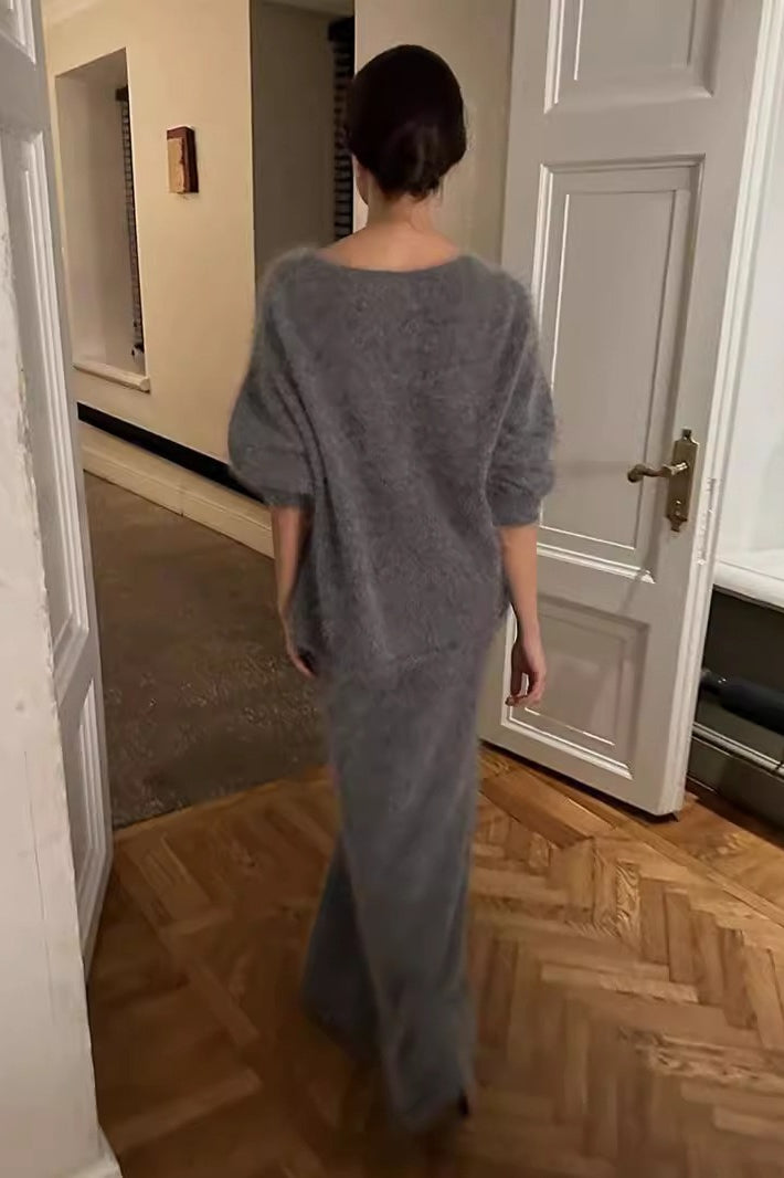 Faux Fur V Neck Sweater Mermaid Skirt Set
