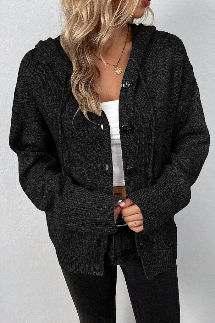 Hooded Drawstring Button Front Knit Cardigan