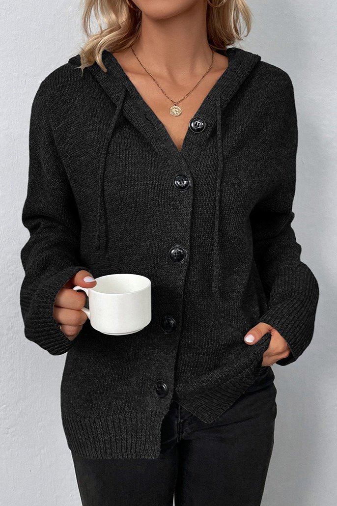 Hooded Drawstring Button Front Knit Cardigan