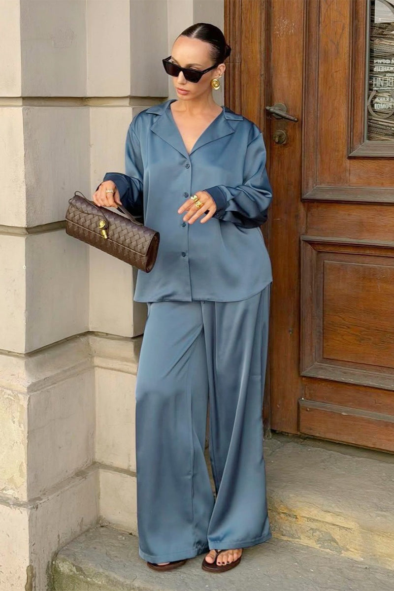 Satin Shirt Wide Leg Pants Lounge Set
