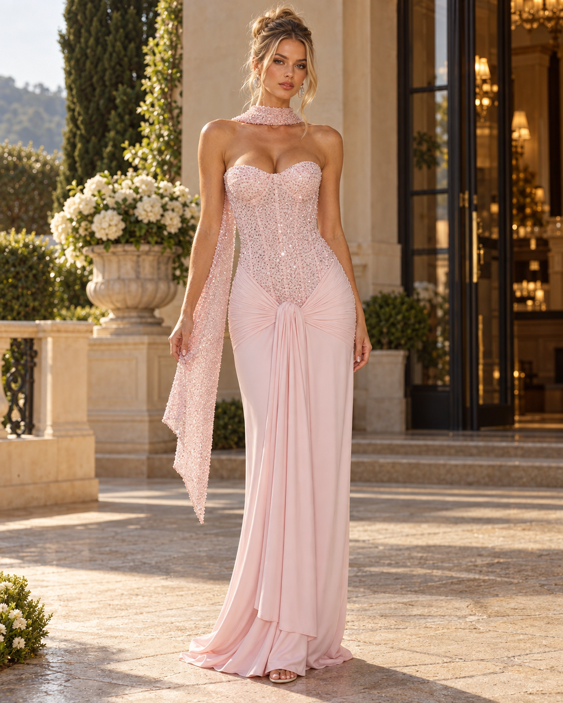 Embellished Sweetheart Strapless Ruched Maxi Dress