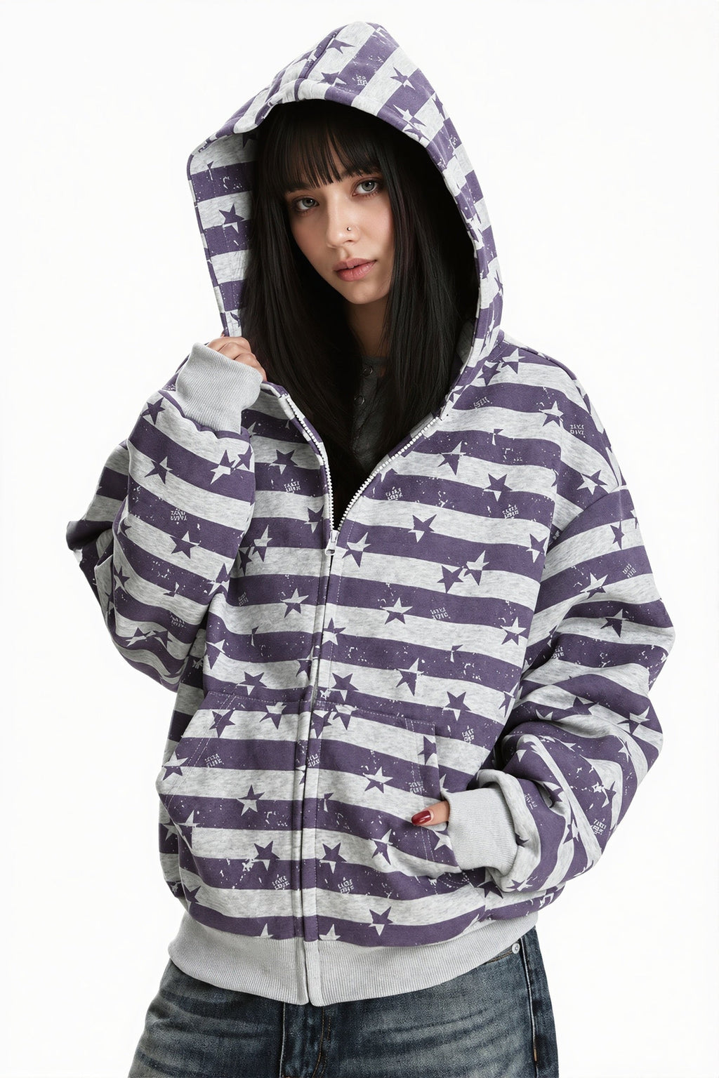 Striped Star Print Zip Hoodie
