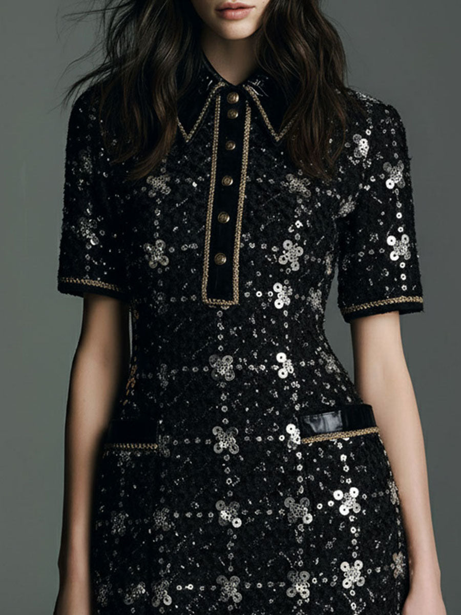 Retro Glamour Luxe Black Sequin Tweed Mini Dress