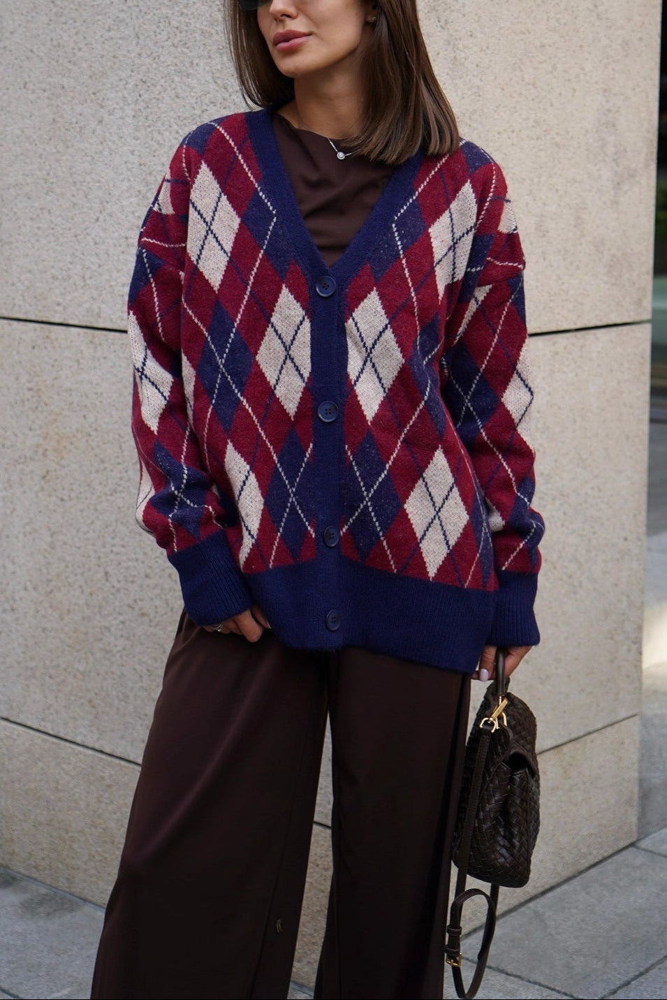 Thick Plaid V Neck Loose Long Sleeve Knit Cardigan