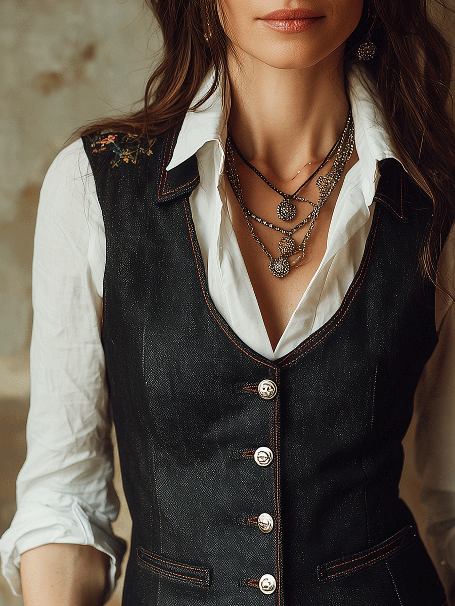Vintage Bohemian Embroidered Denim Slim-Fit Vest