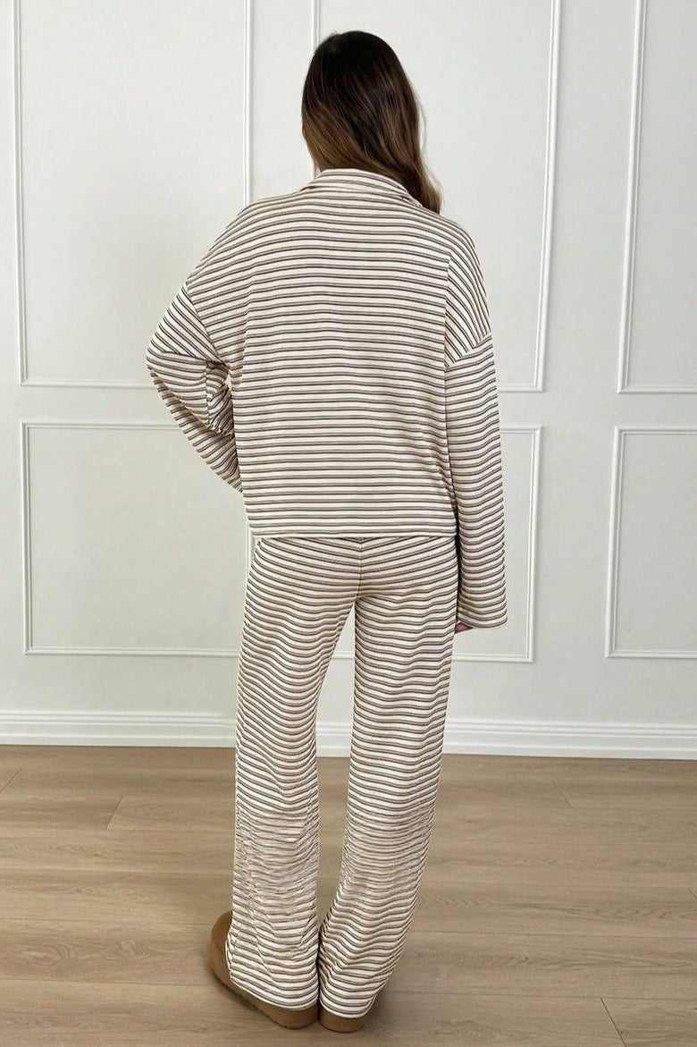 Contrast Stripe Collared Lounge Pants Set