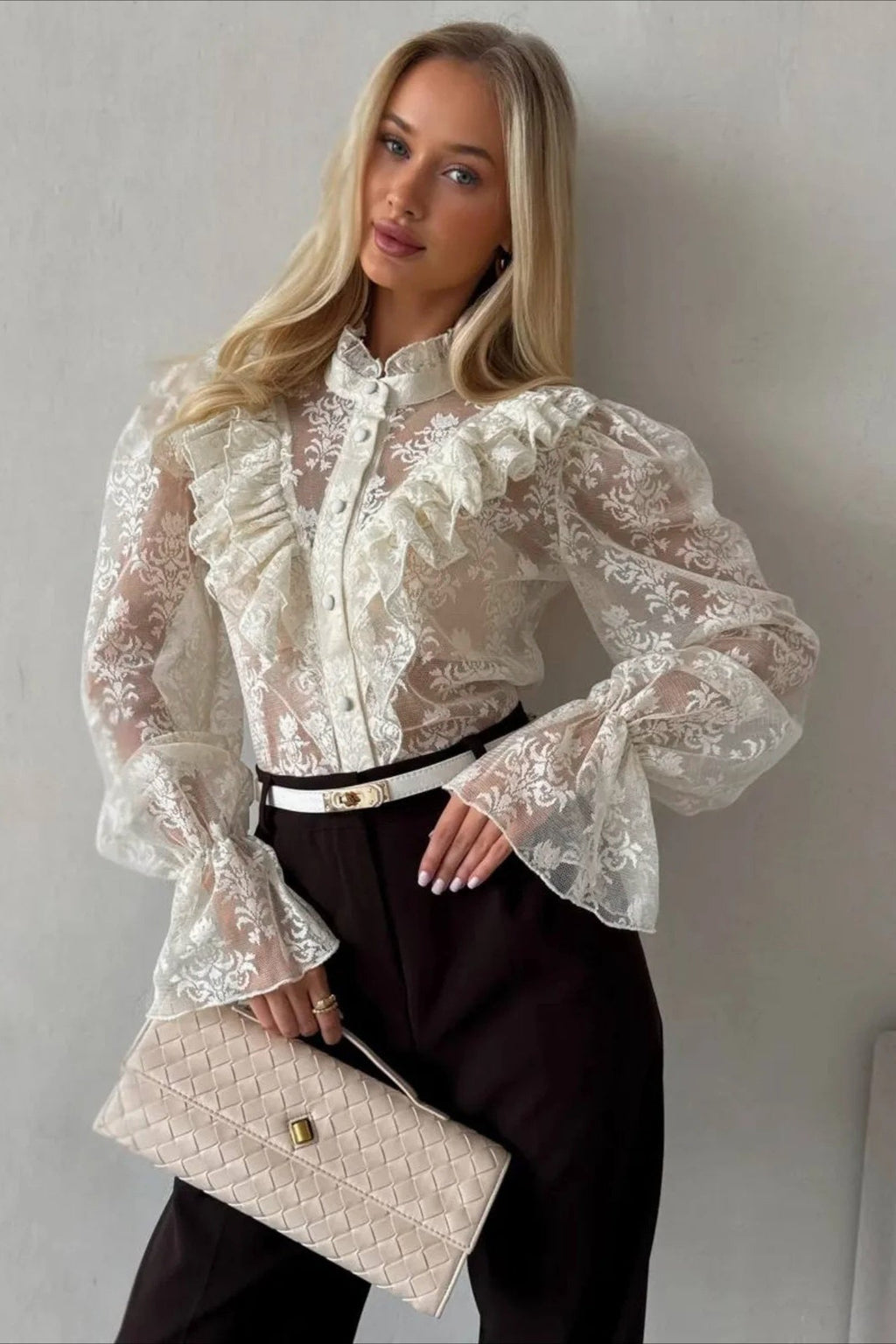 Ruffle Trim Sheer Lace Blouse