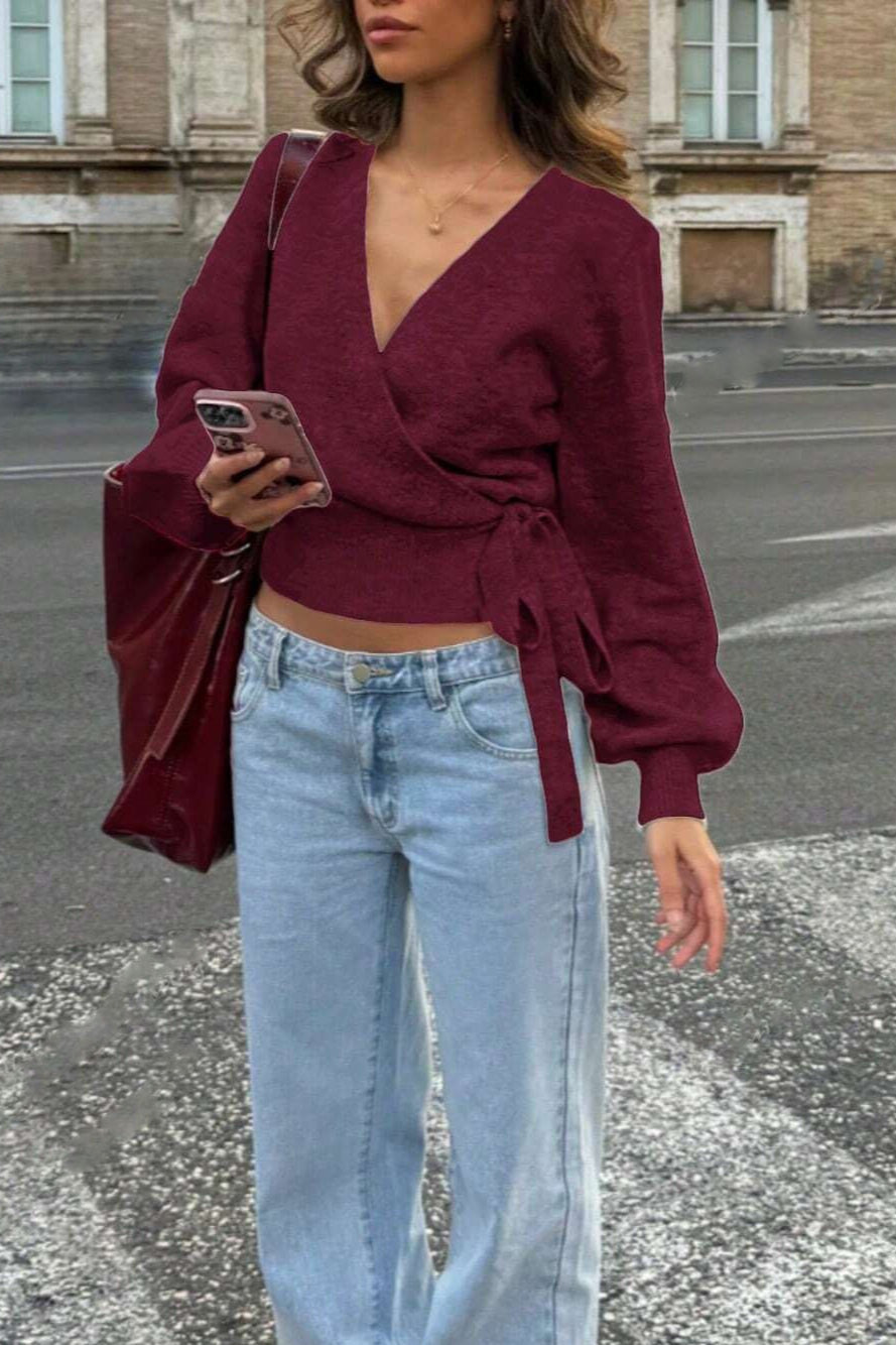 Wrap Tie V Neck Cropped Sweater