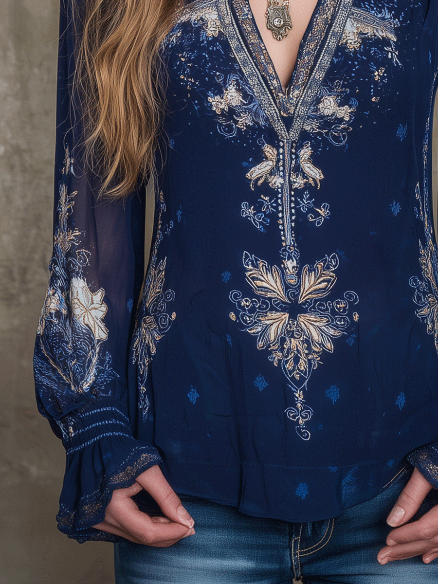 Bohemian Style Navy Blue Printed Chiffon Lace Trim Blouse