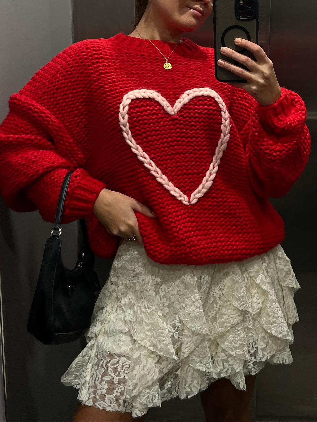 Braided Heart Crew Neck Oversized Knit Sweater