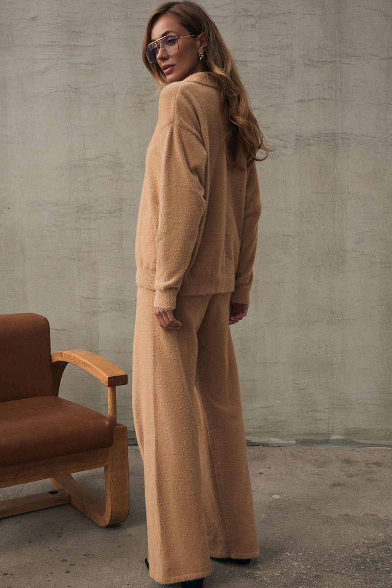 Faux Fur Polo Sweater Wide Leg Pants Set