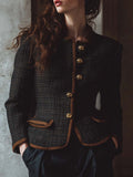 Vintage-Inspired Tweed Jacket With Contrast Trim And Gold Buttons