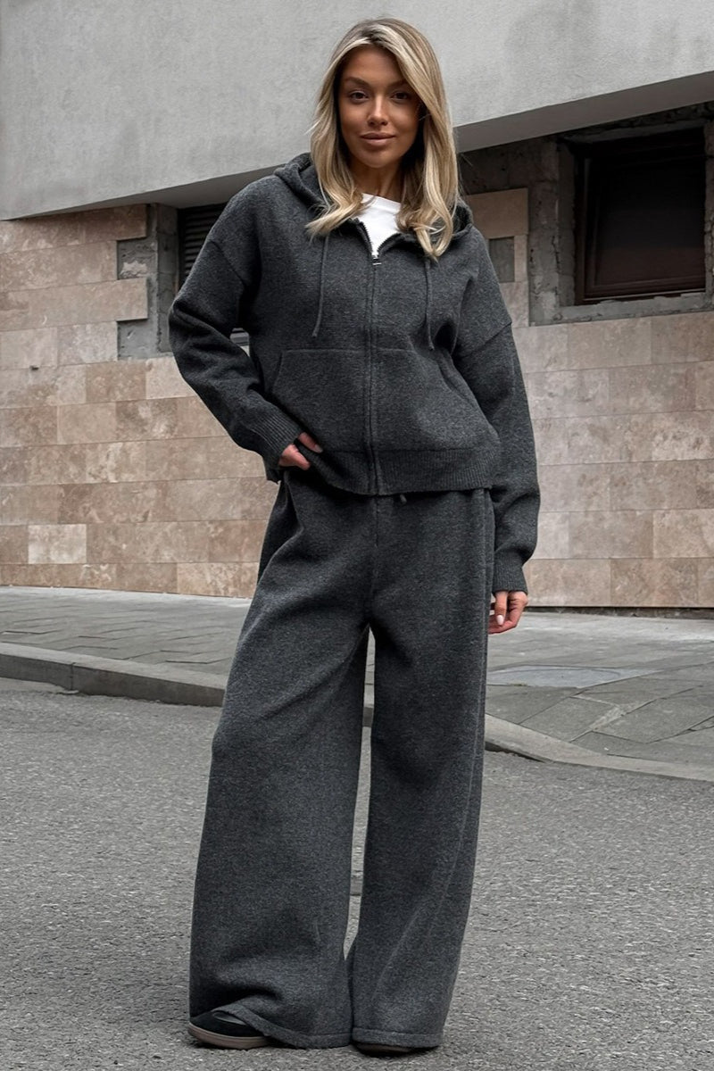 Hooded Zip Knit Top Wide Leg Pants Set