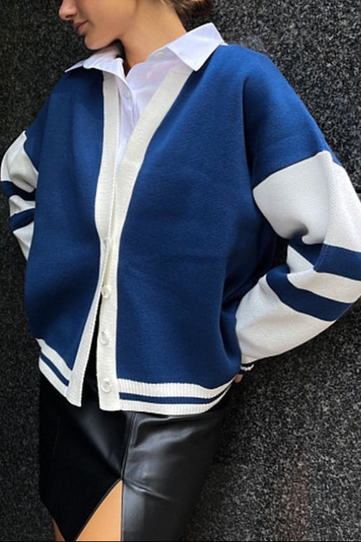 Simple Color Block Striped Relaxed Knit Cardigan