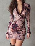 Elegant Floral Velvet Ruched Wrap Mini Dress With Lace Trim
