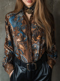 Vintage Baroque Print Brown & Blue Long Sleeve Blouse
