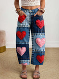 Women's Vintage Hippie Style Heart-shaped Patchwork Art Print Denim Jeans