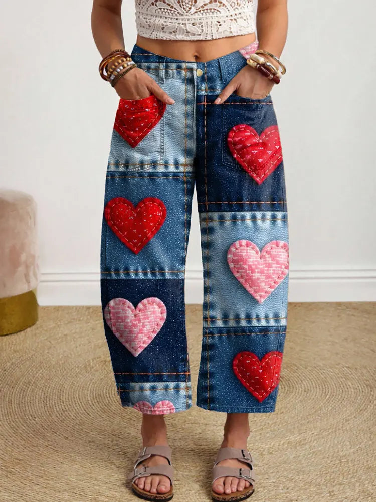 Women's Vintage Hippie Style Heart-shaped Patchwork Art Print Denim Jeans
