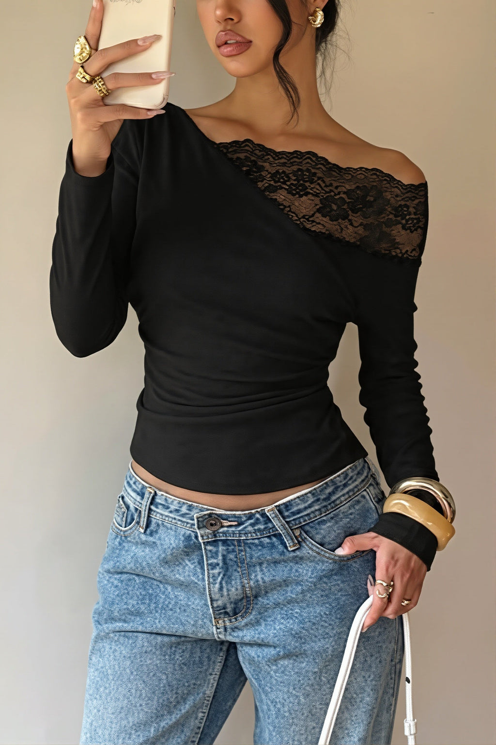 Lace Panel Asymmetric Off Shoulder Blouse