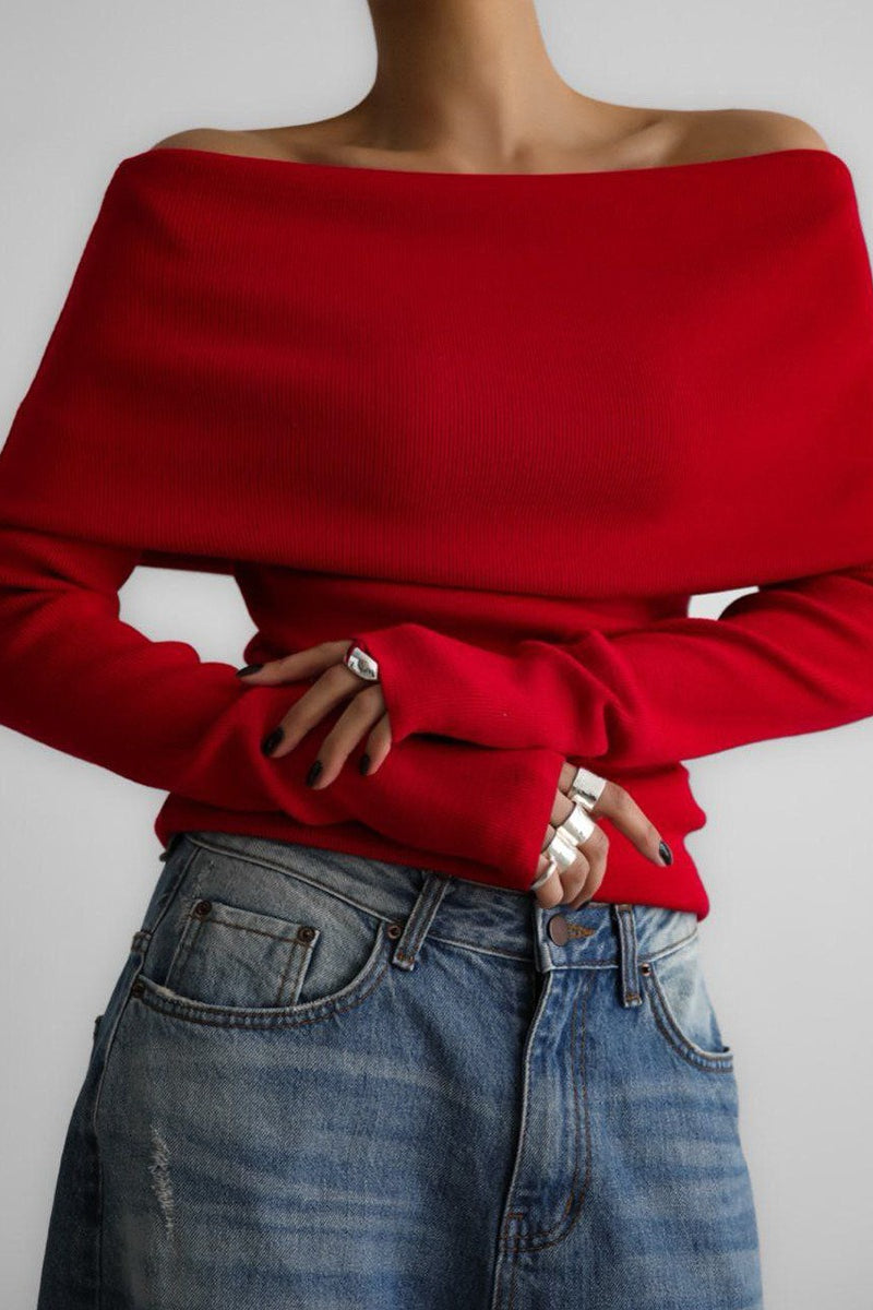 Off Shoulder Fitted Long Sleeve Knit Sweater