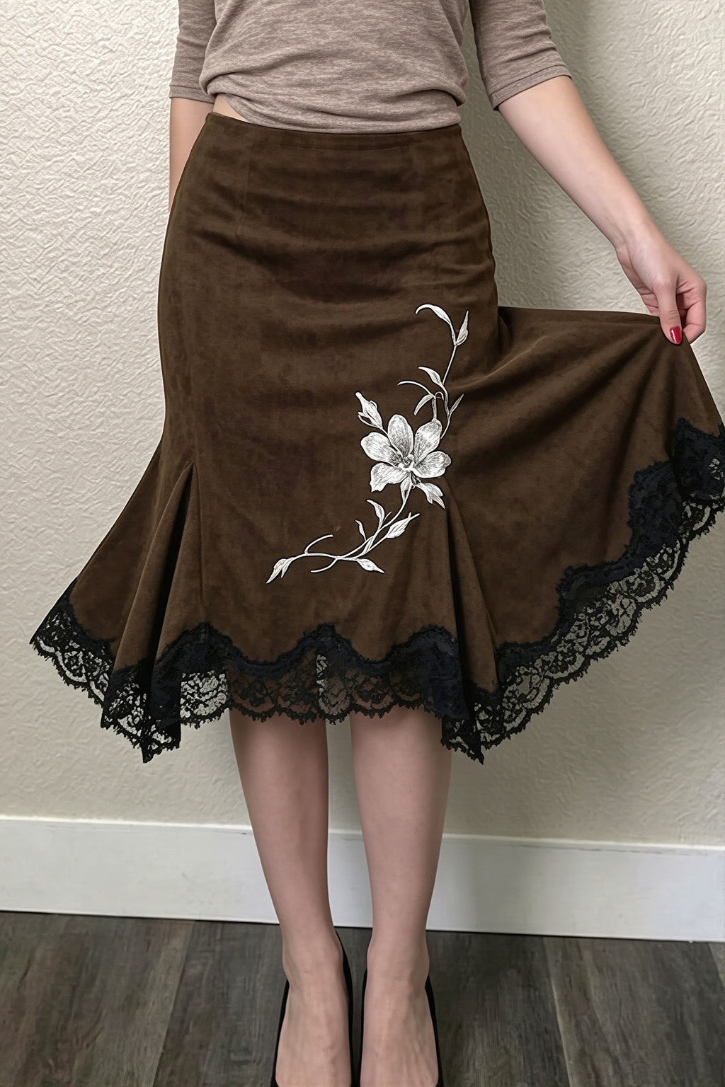 Floral Embroidered Lace Hem Midi Skirt