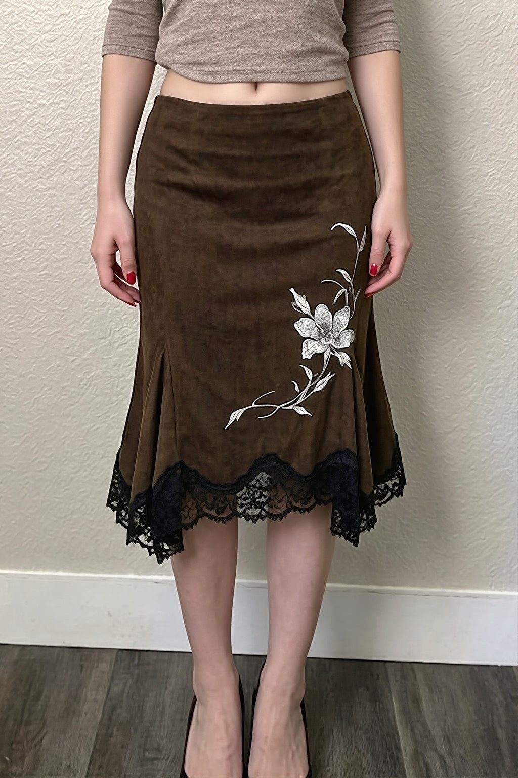 Floral Embroidered Lace Hem Midi Skirt
