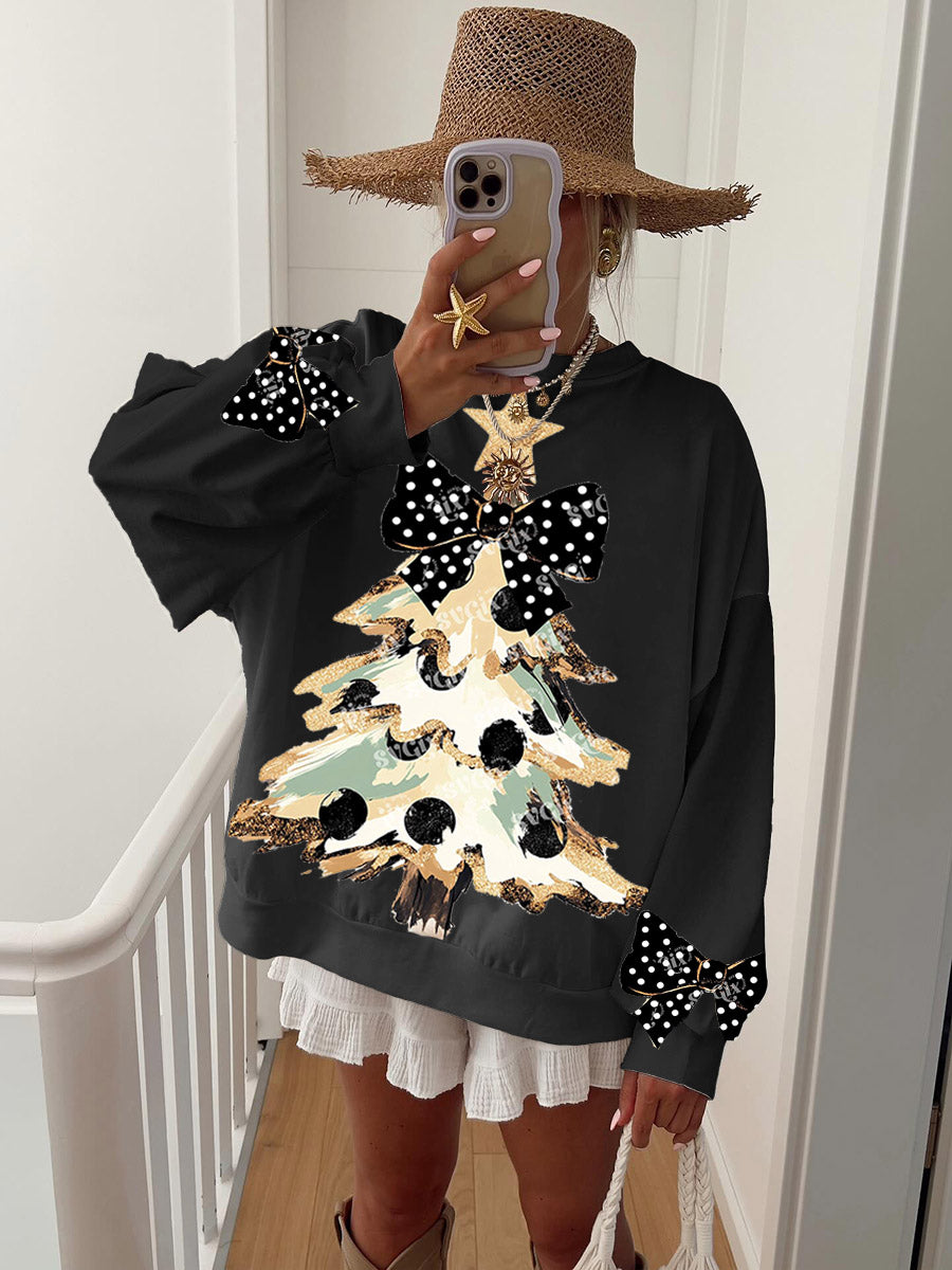 Women's Vintage Gold Dust Black Polka Dot Bow and Christmas Tree Fun Print Sweatshirt