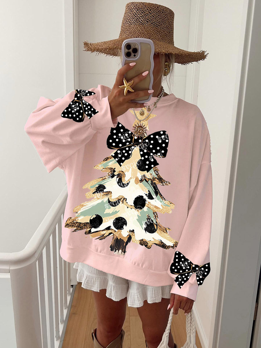 Women's Vintage Gold Dust Black Polka Dot Bow and Christmas Tree Fun Print Sweatshirt