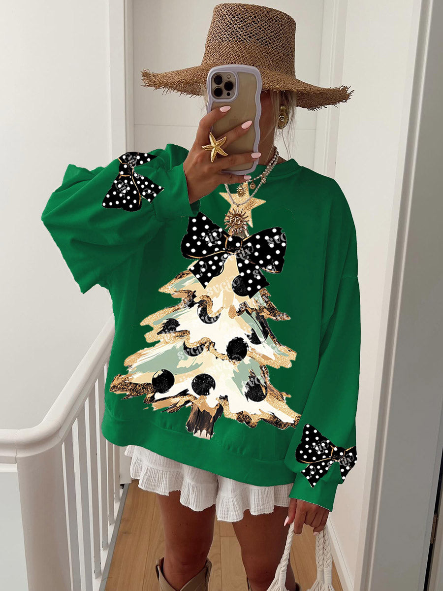 Women's Vintage Gold Dust Black Polka Dot Bow and Christmas Tree Fun Print Sweatshirt