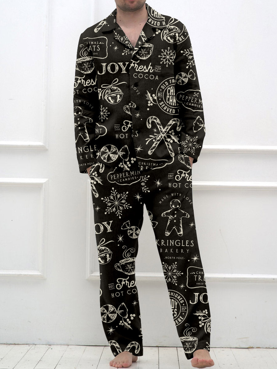 Men's Retro Christmas Print Long Sleeve Pants Pajama Set
