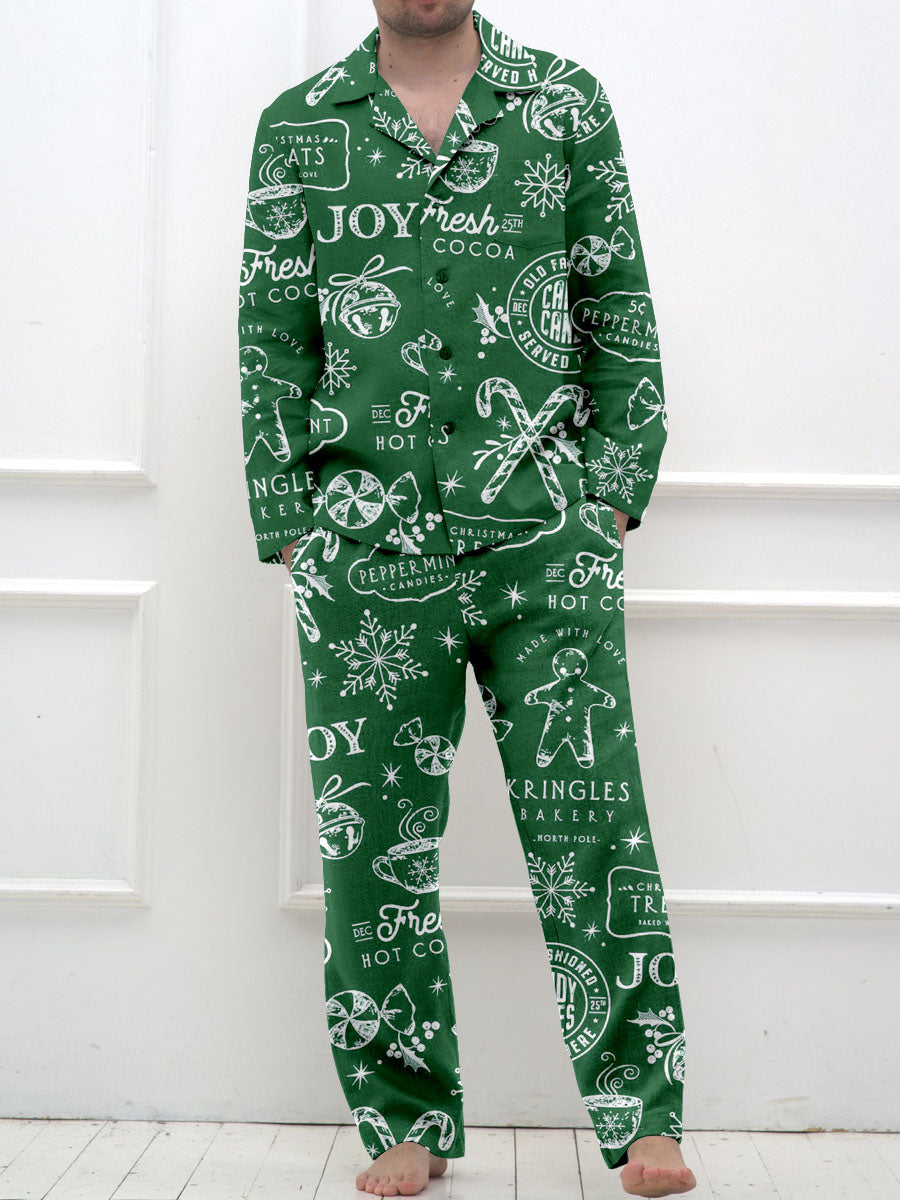 Men's Retro Christmas Print Long Sleeve Pants Pajama Set